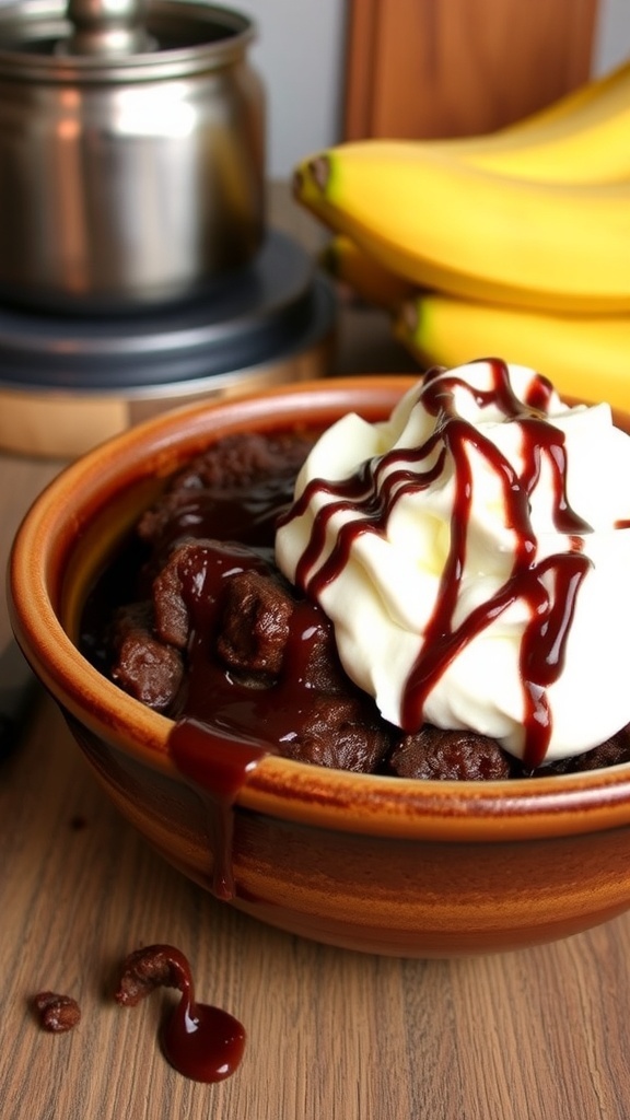 A bowl of chocolate banana bread pudding topped with whipped cream and chocolate sauce, with bananas in the background.