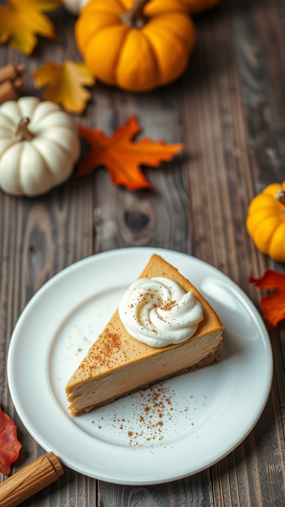 A slice of pumpkin spice cheesecake topped with whipped cream and cinnamon, surrounded by autumn leaves and pumpkins.