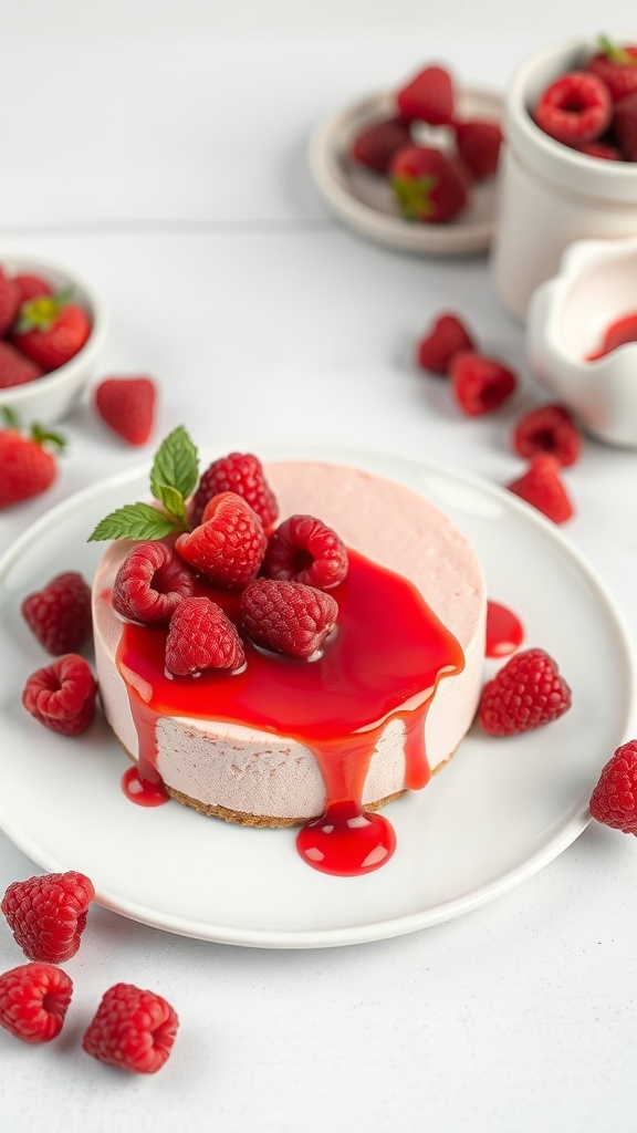 A delicious raspberry protein cheesecake topped with fresh raspberries and raspberry sauce, served on a white plate.