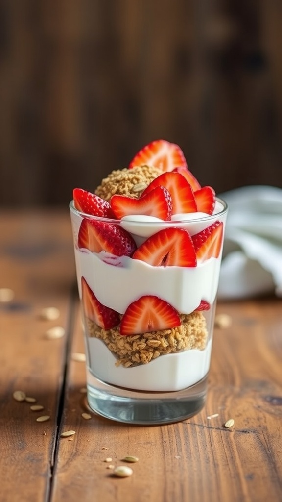 A delicious strawberry yogurt parfait with layers of yogurt, granola, and fresh strawberries in a glass.