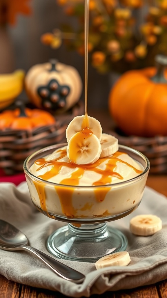 A bowl of banana pudding topped with banana slices and drizzled with maple syrup, surrounded by decorative pumpkins.