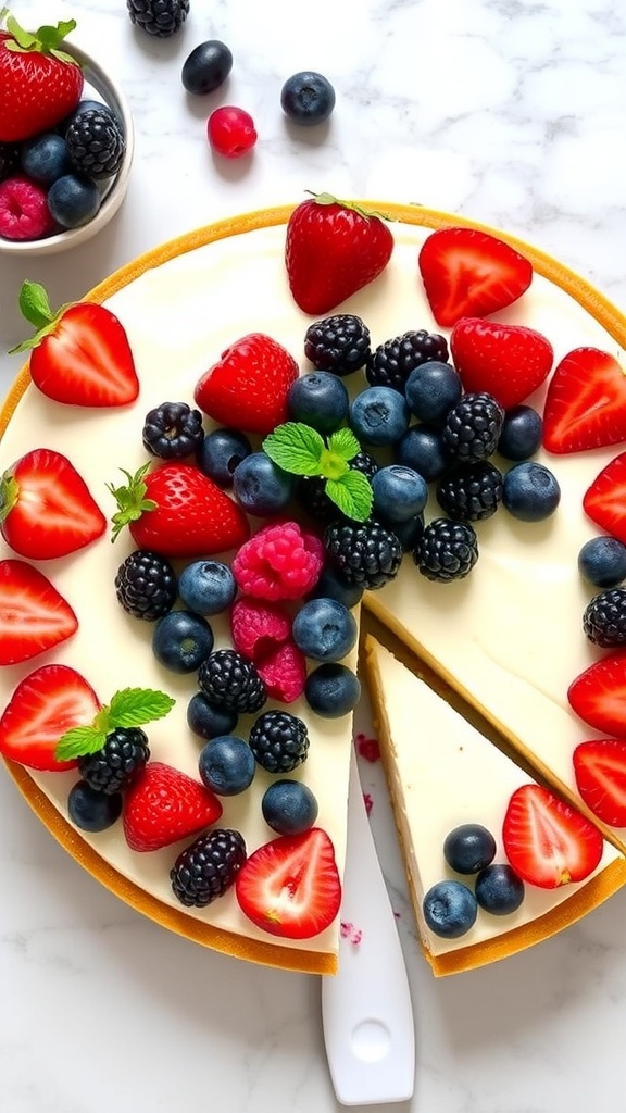 A no-bake berry cheesecake topped with fresh strawberries, blueberries, and blackberries on a marble surface.