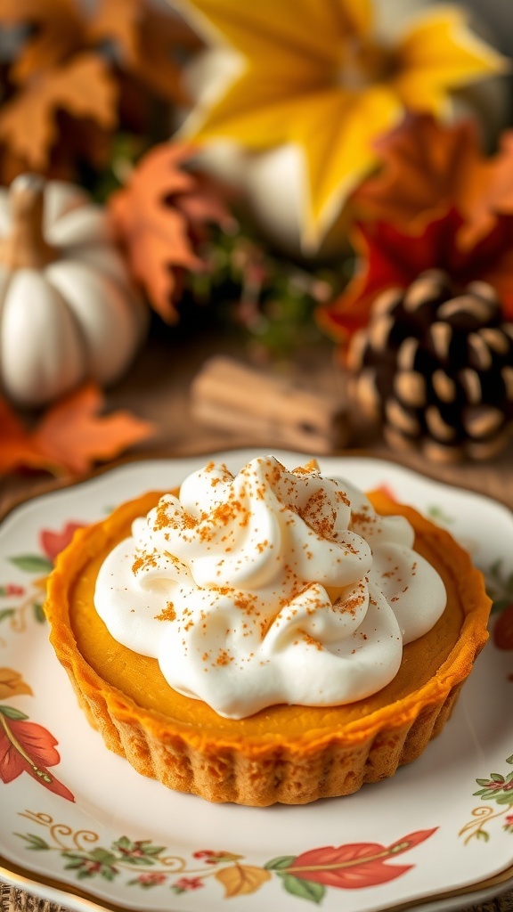 A no-bake pumpkin spice tart topped with whipped cream and cinnamon, surrounded by autumn leaves and small pumpkins.