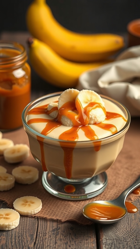 A bowl of rich caramel banana pudding topped with banana slices and caramel sauce, with bananas and a jar of caramel in the background.