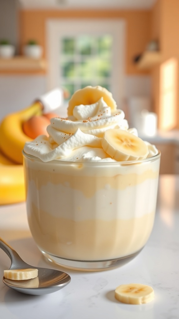 A glass of vegan banana pudding topped with whipped cream and banana slices.