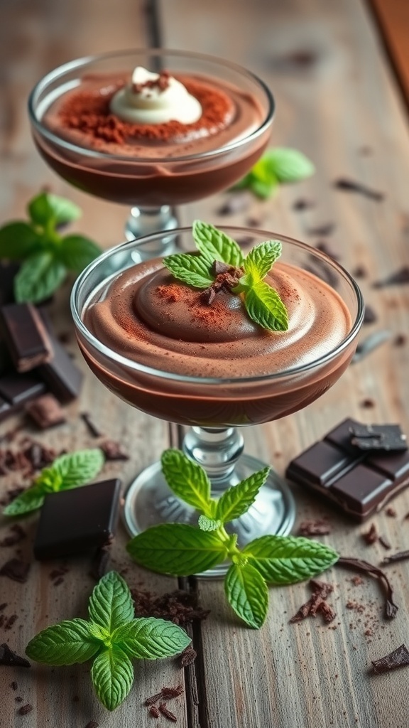 Two servings of chocolate mousse topped with mint leaves and cocoa powder on a wooden table.