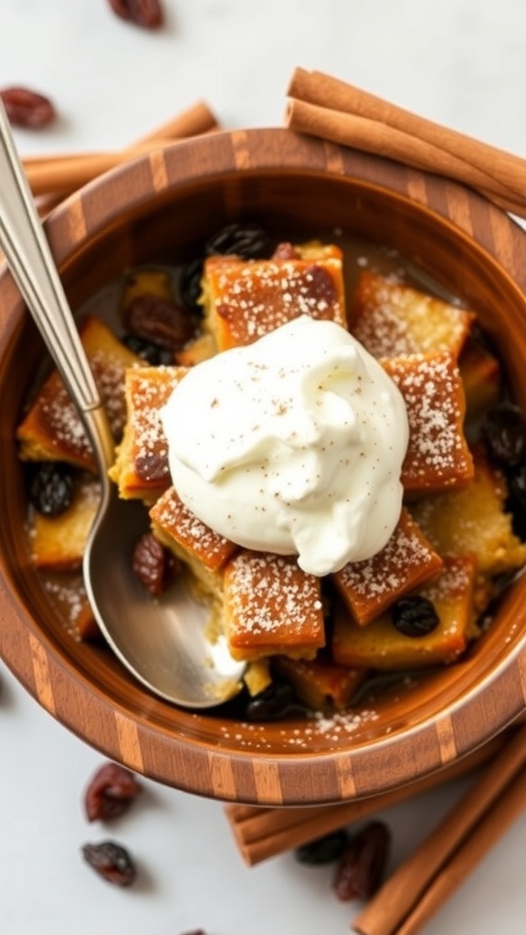 A bowl of cinnamon raisin bread pudding topped with whipped cream and powdered sugar, surrounded by cinnamon sticks and raisins.