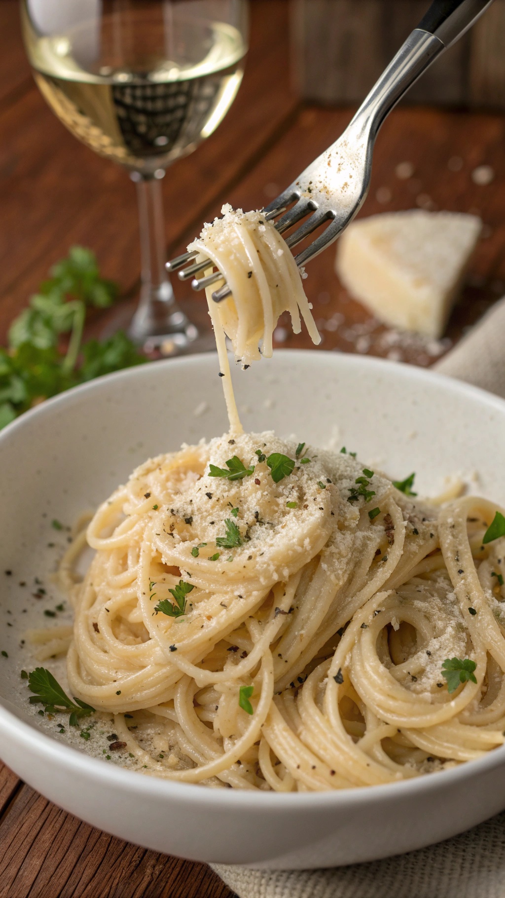 A bowl of creamy garlic parmesan pasta topped with grated cheese and parsley, with a fork twirling the spaghetti and a glass of white wine in the background.
