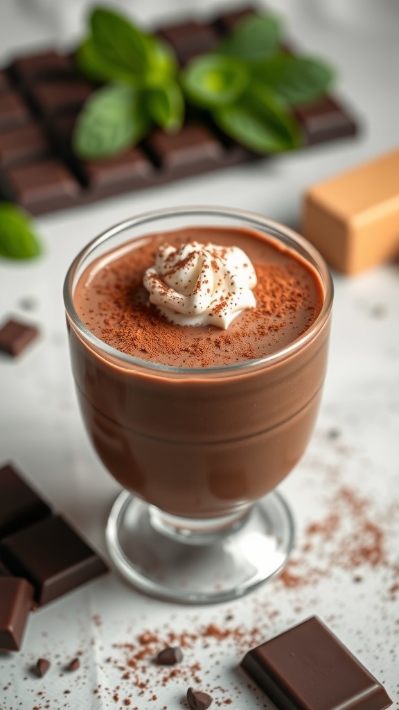 A glass of creamy keto chocolate mousse topped with whipped cream and cocoa powder, surrounded by chocolate bars and mint leaves.