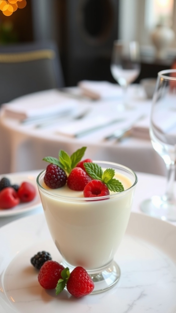 A glass of creamy vanilla panna cotta topped with fresh raspberries and mint leaves, served on a white plate.