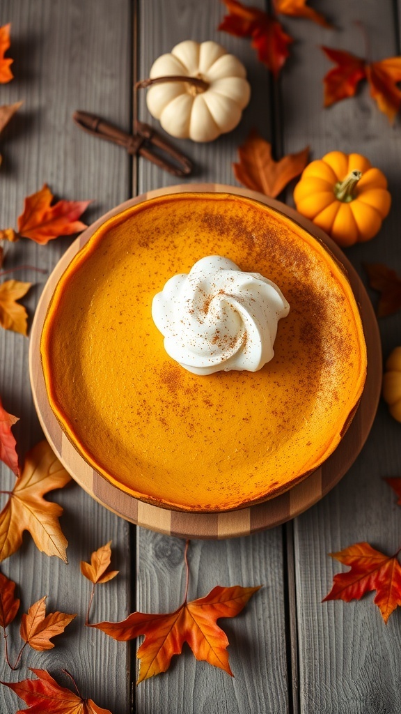 Creamy vegan pumpkin cheesecake topped with whipped cream and cinnamon, surrounded by autumn leaves and small pumpkins.