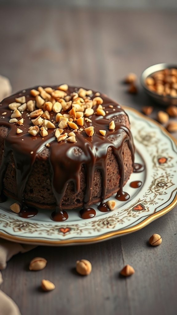 A no-bake chocolate hazelnut cake topped with chocolate ganache and chopped hazelnuts.
