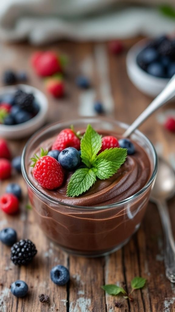 A bowl of chocolate avocado mousse topped with fresh berries and mint leaves.