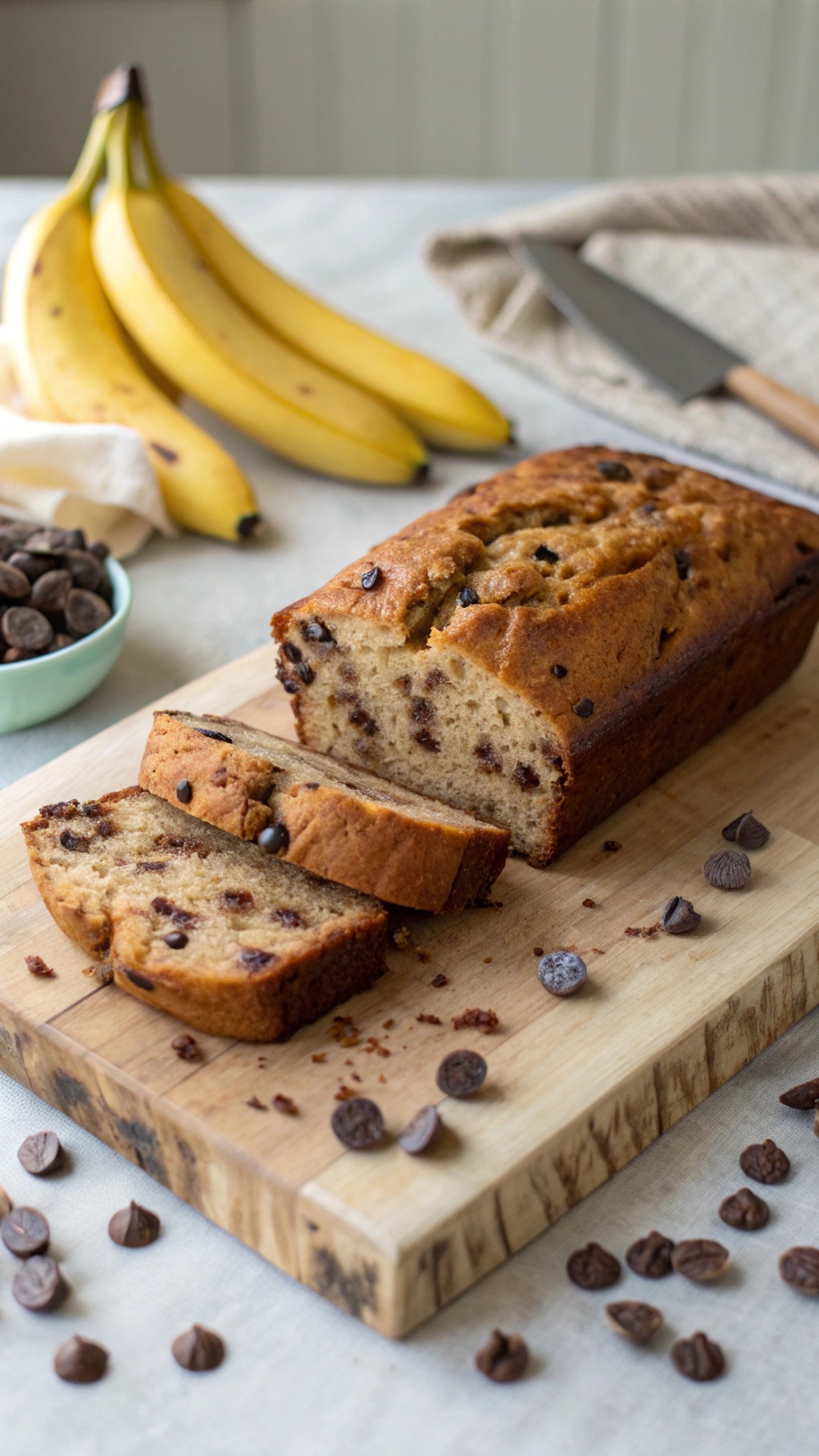 A loaf of chocolate chip banana bread sliced on a wooden board with bananas and chocolate chips in the background.