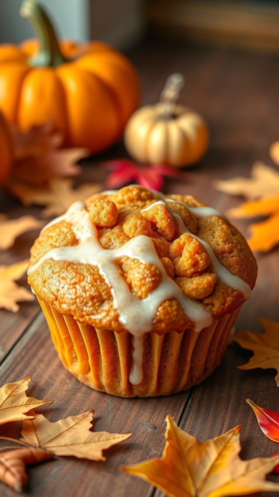 A pumpkin spice muffin with icing, surrounded by autumn leaves and small pumpkins.