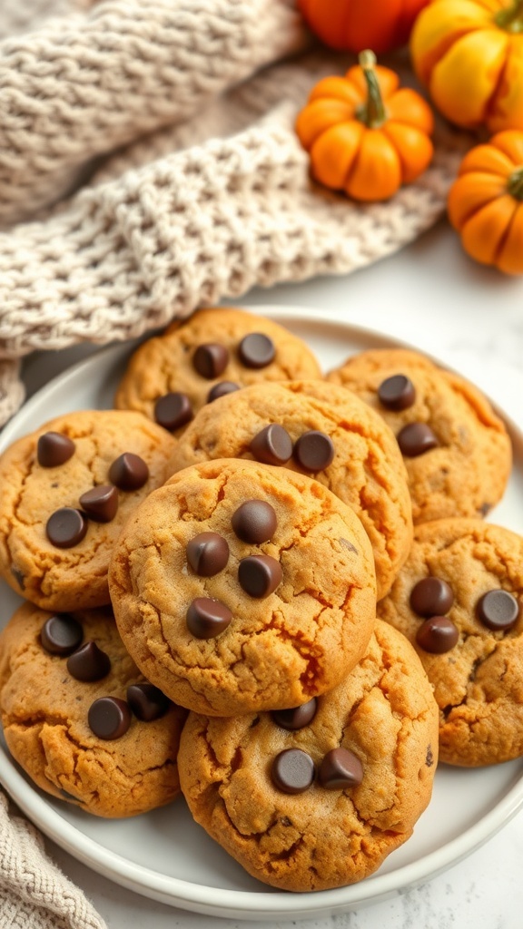 A plate of healthy chocolate chip pumpkin cookies with mini pumpkins in the background.
