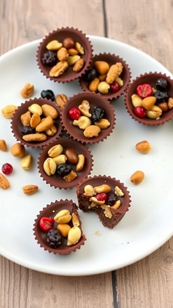 Nutty chocolate fruit cups filled with nuts and dried fruits on a plate.