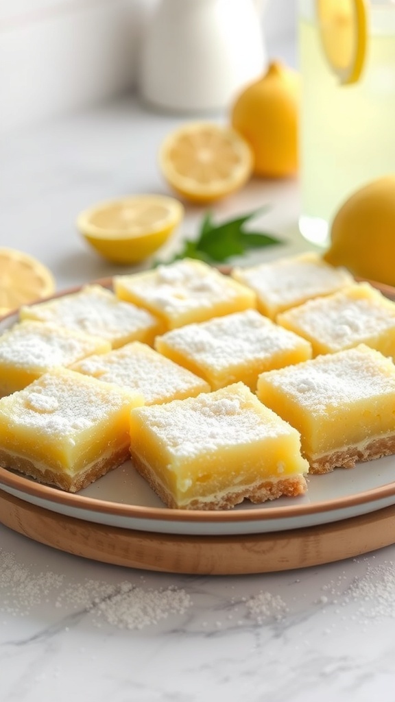 A platter of vegan lemon bars dusted with powdered sugar, surrounded by fresh lemons.