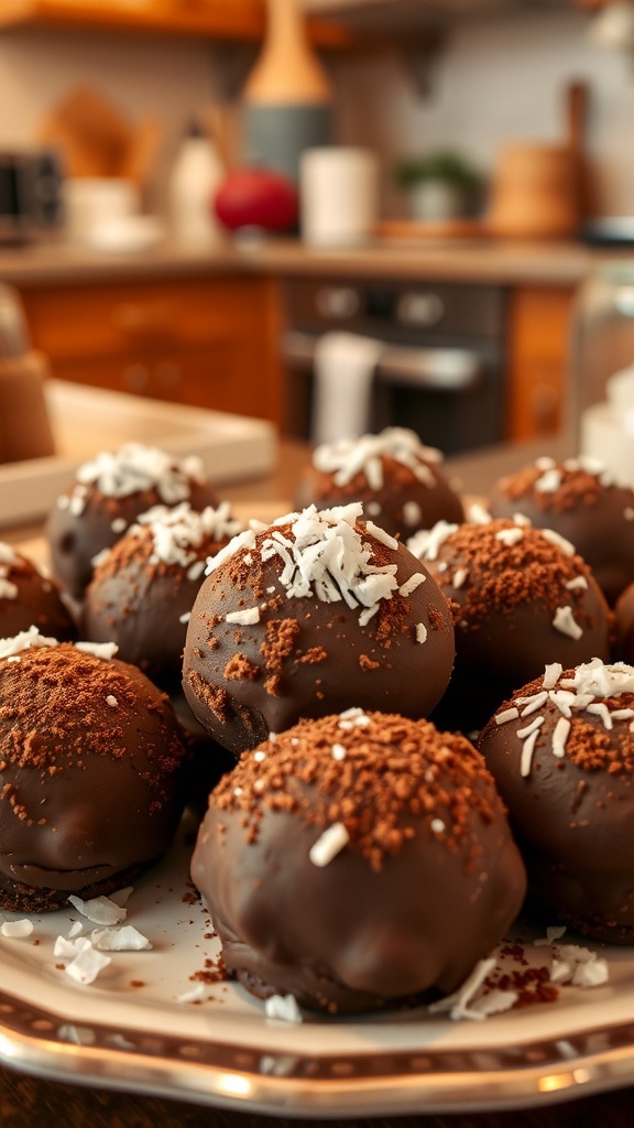 A plate of chocolate coconut truffles, coated in chocolate and topped with coconut flakes and cocoa powder.