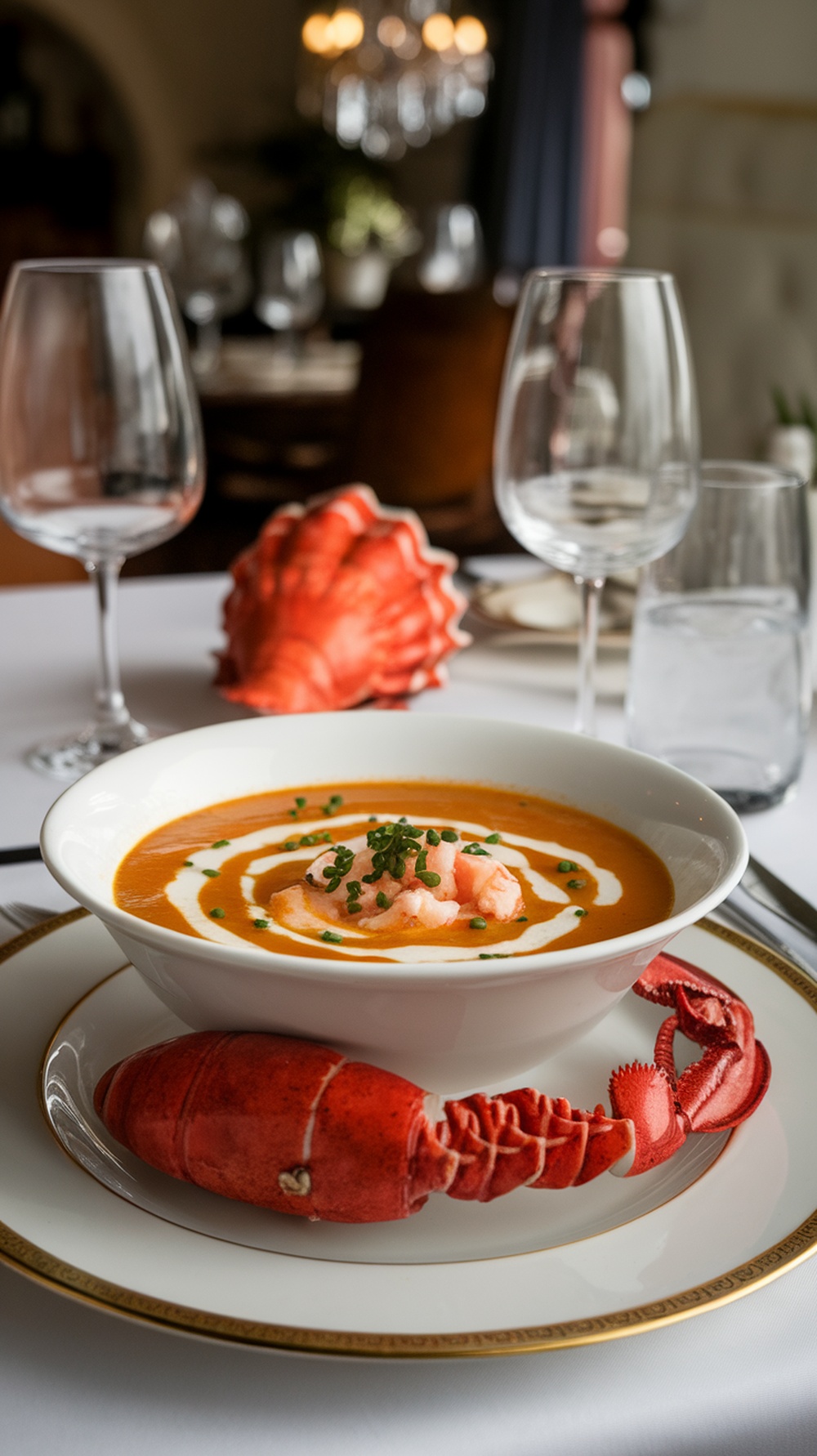 A bowl of rich lobster bisque garnished with lobster meat and chives, served elegantly.