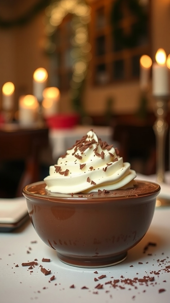 A bowl of chocolate pudding topped with whipped cream and chocolate shavings, set in a cozy dining atmosphere.