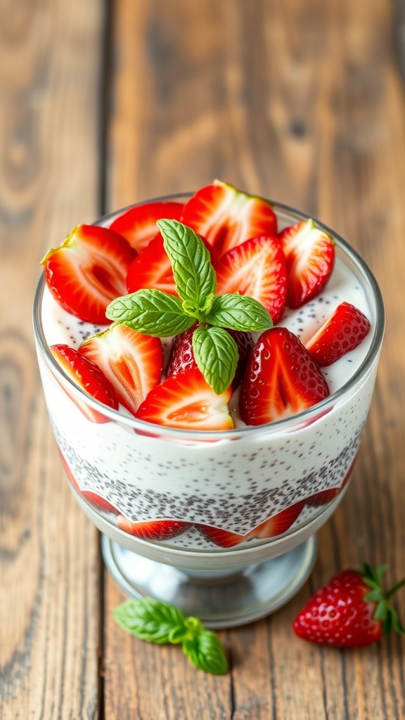 A glass of strawberry chia seed pudding topped with fresh strawberries and mint leaves.