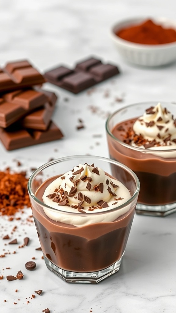Two glasses of chocolate pudding topped with whipped cream and chocolate shavings, with chocolate bars and cocoa powder in the background.