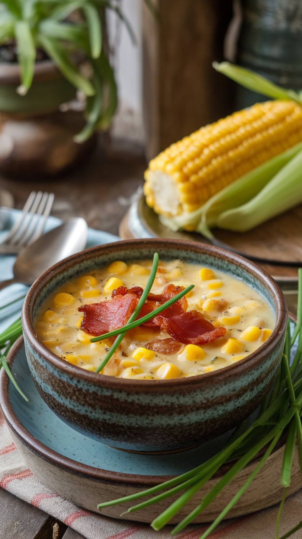 A bowl of creamy corn chowder topped with bacon and chives, with corn on the cob in the background.