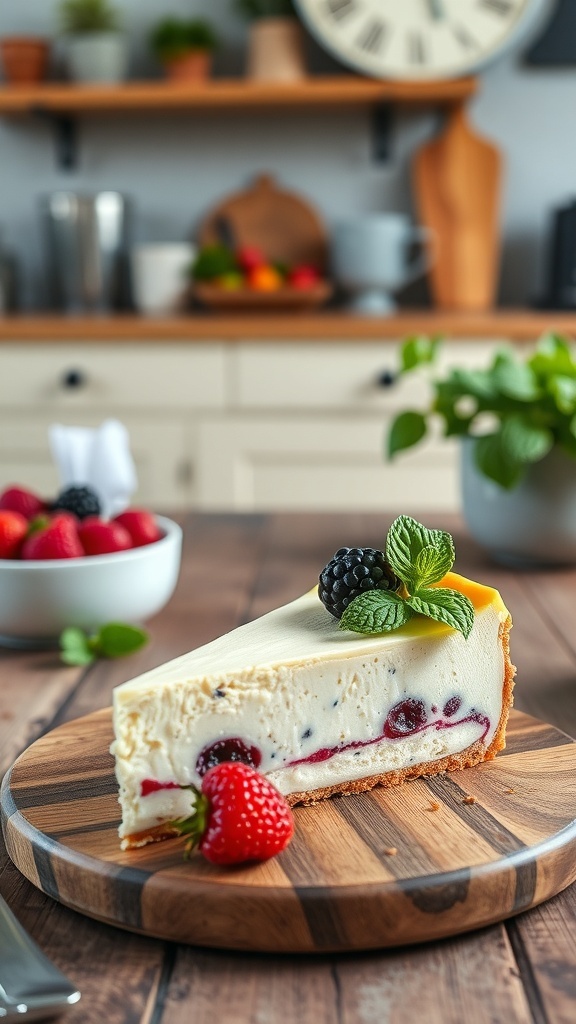 A slice of vegan cheesecake topped with fresh berries on a wooden board.