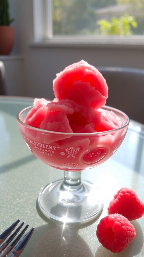 A bowl of berry sorbet garnished with mint leaves and fresh raspberries.