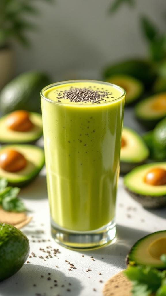 A creamy avocado smoothie in a glass, surrounded by fresh avocados and chia seeds.