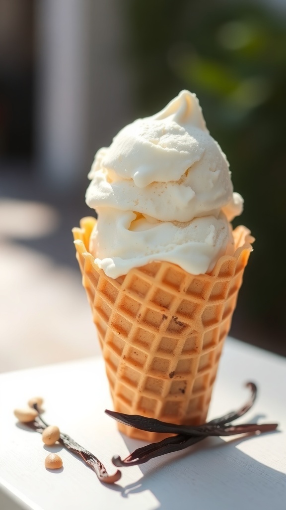 A cone filled with vanilla bean ice cream topped with mint and coffee beans