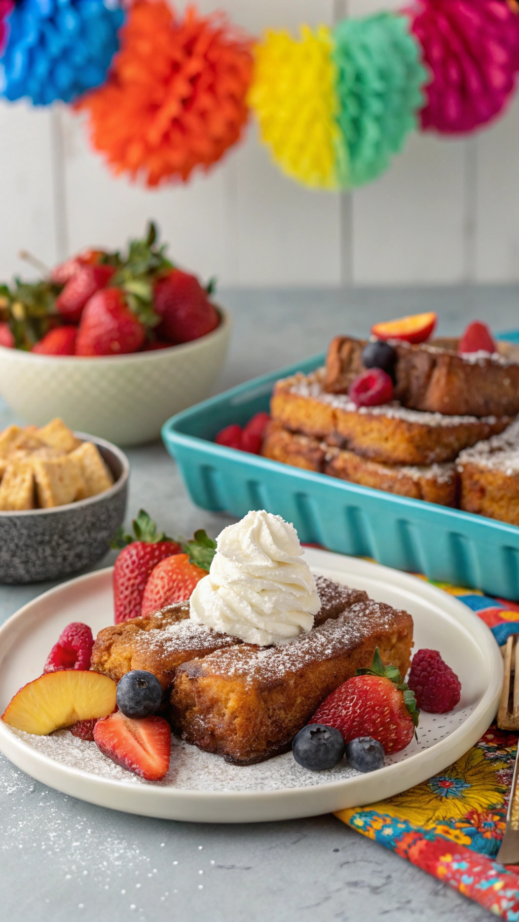 Churro French Toast Casserole served with berries and whipped cream