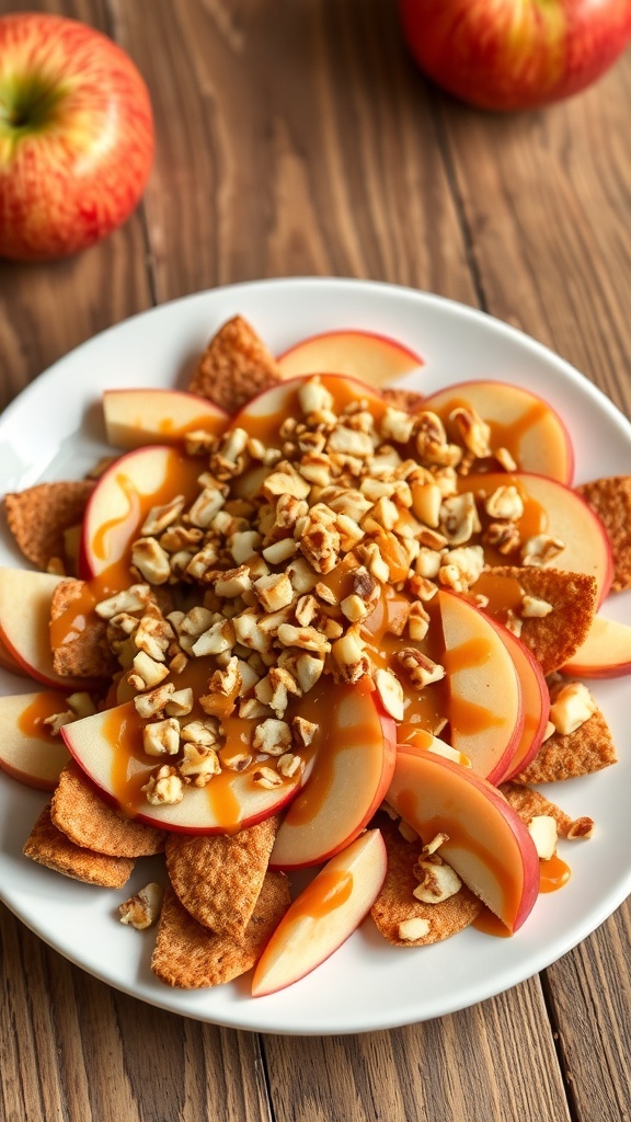 A plate of cinnamon apple nachos topped with nuts and caramel sauce.