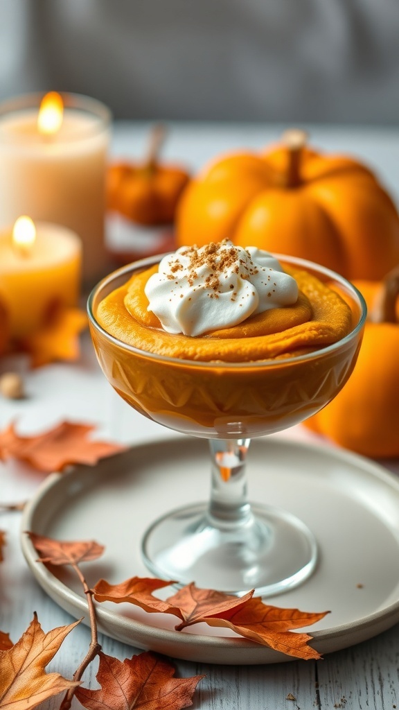 A bowl of vegan pumpkin mousse topped with whipped cream and cinnamon, surrounded by pumpkins and autumn leaves.