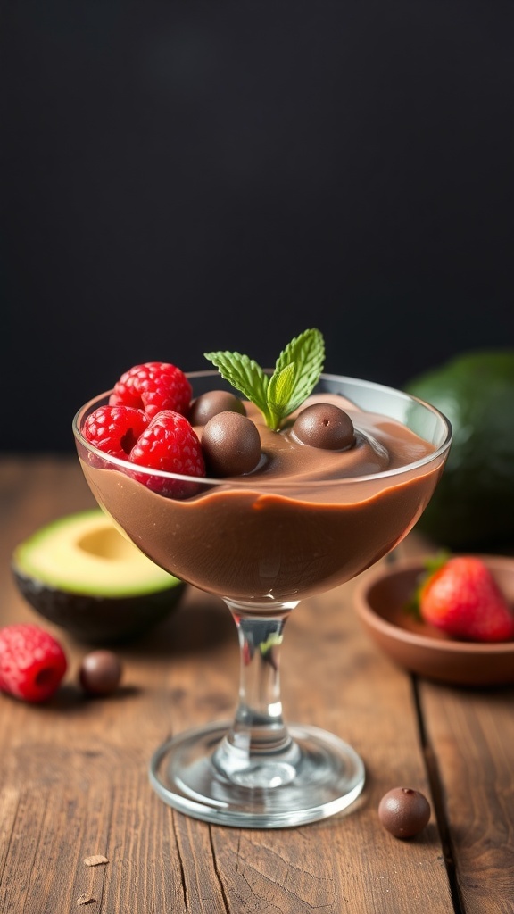 Chocolate avocado mousse topped with raspberries and chocolate balls in a glass bowl
