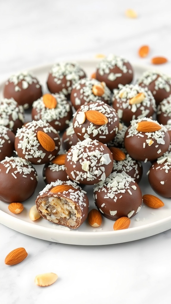 A plate of Almond Joy Energy Bites coated in chocolate and topped with shredded coconut and almonds.