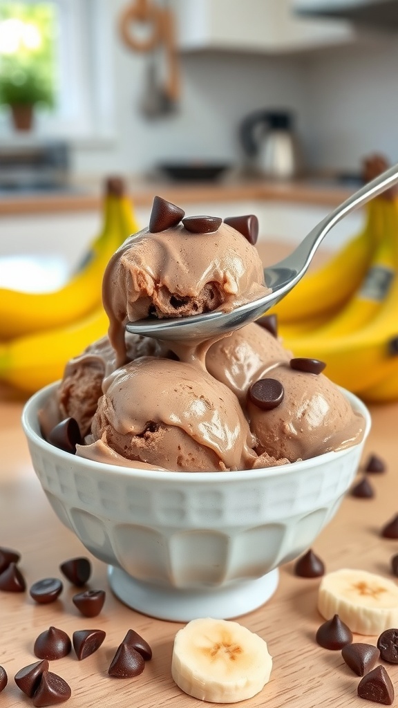 A bowl of chocolate banana ice cream topped with chocolate chips, with bananas in the background.