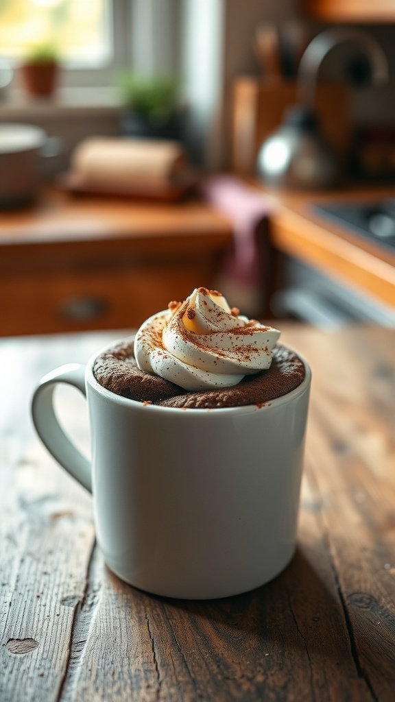 A delicious chocolate mug cake topped with whipped cream, sitting on a wooden table.