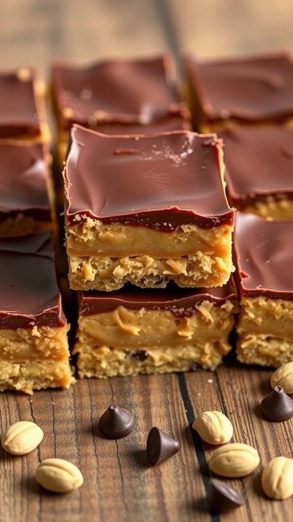 Chocolate Peanut Butter Bars stacked with chocolate and peanut pieces scattered around.