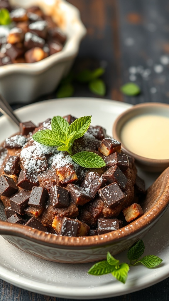 A delicious serving of chocolate protein bread pudding topped with chocolate chunks and mint leaves.