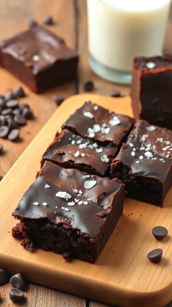 Delicious chocolate protein brownies on a wooden board with a glass of milk and chocolate chips scattered around.