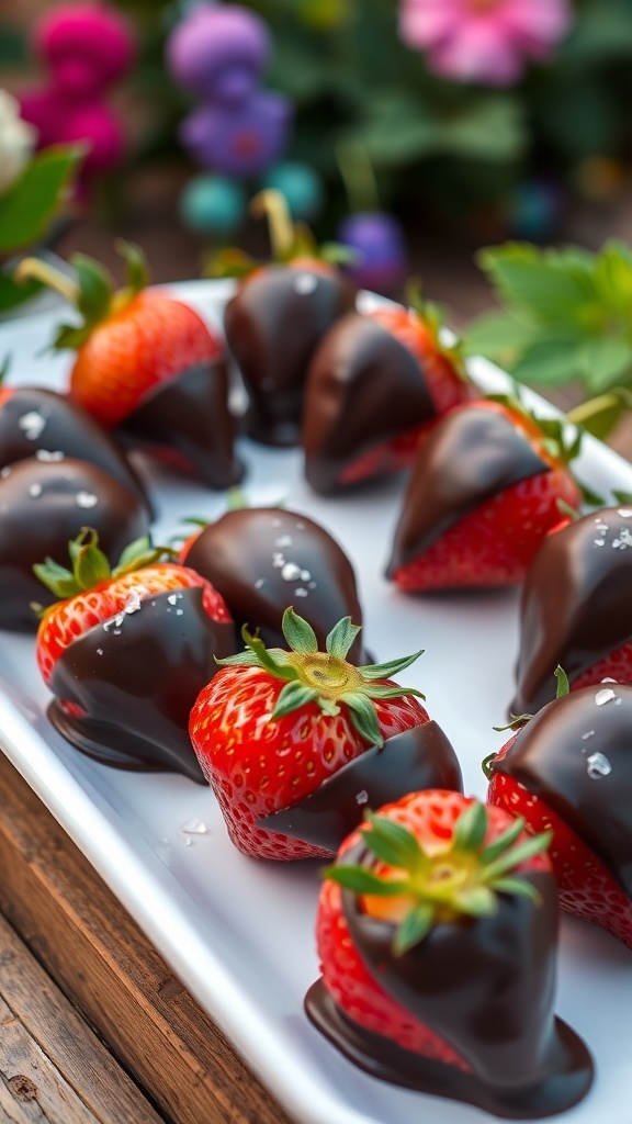 A plate of dark chocolate-covered strawberries, beautifully arranged and garnished with sea salt.