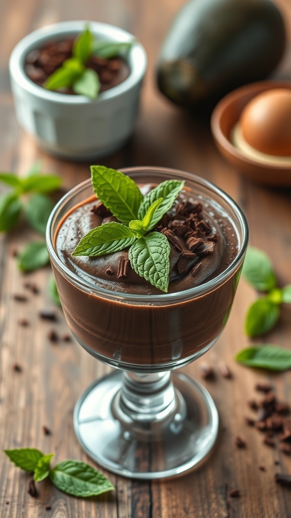 A glass of dark chocolate avocado mousse topped with mint leaves and chocolate shavings, with an avocado and egg in the background.