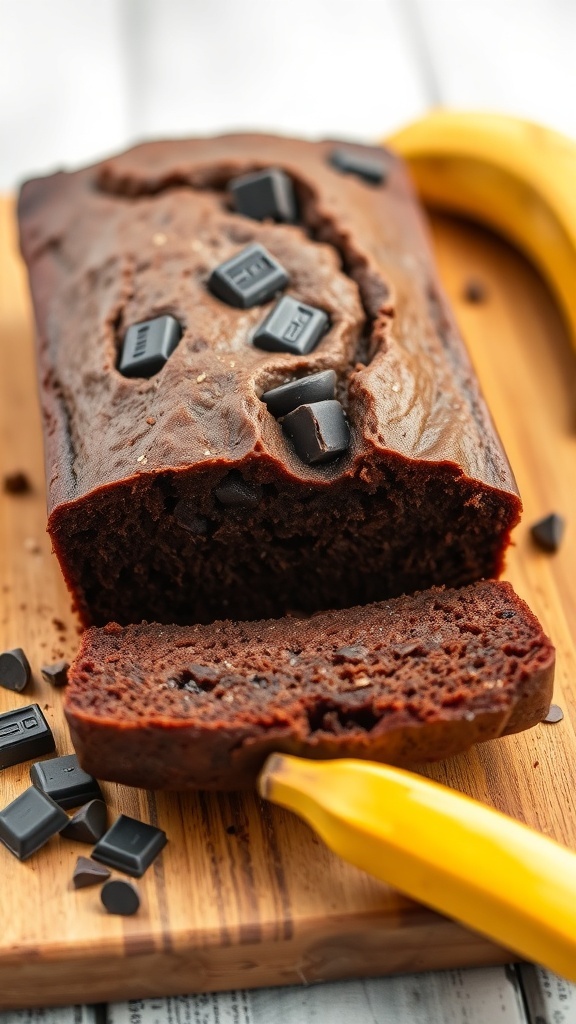 A loaf of dark chocolate banana bread with chocolate chunks on top, sliced and ready to serve, with a banana beside it.