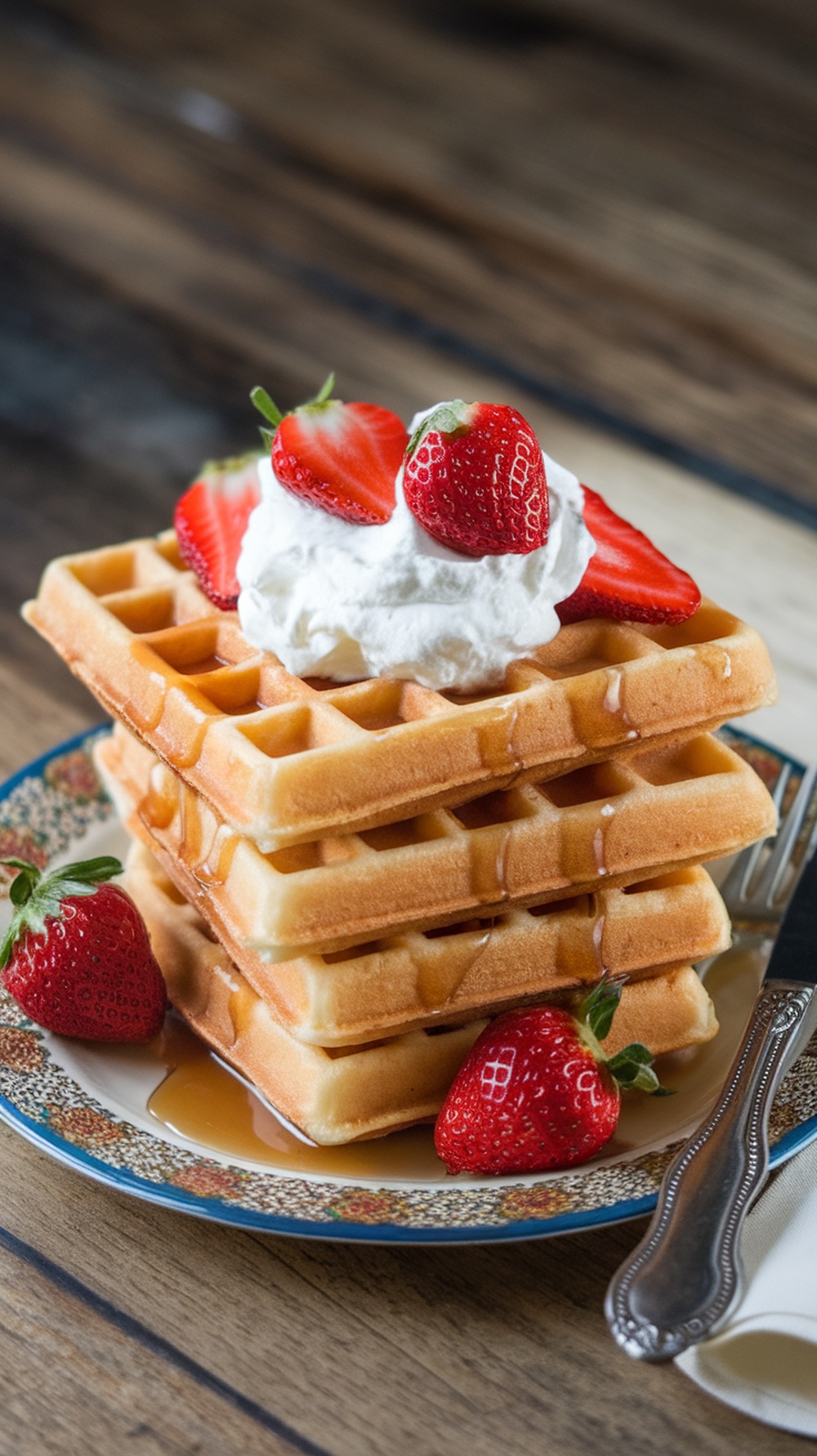 A stack of waffles topped with whipped cream and strawberries, served with syrup.