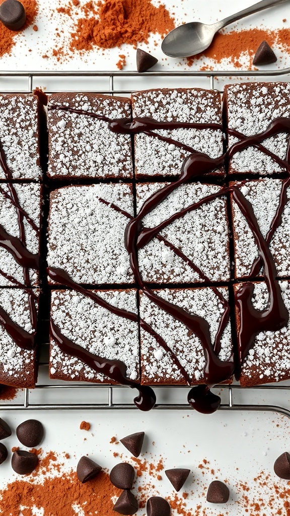 Delicious keto brownies topped with powdered erythritol and chocolate drizzle, surrounded by cocoa powder and chocolate chips.