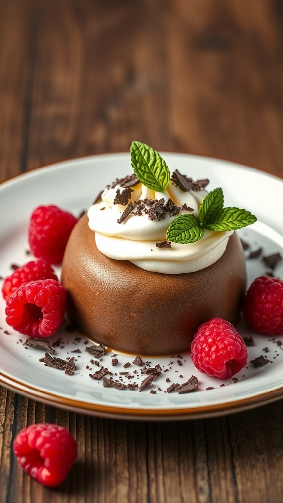 A rich keto chocolate mousse topped with whipped cream, raspberries, and chocolate shavings on a wooden table.