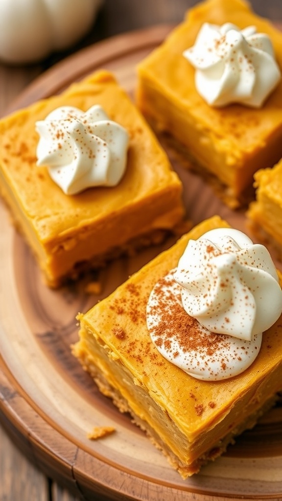 Delicious keto pumpkin cheesecake bars topped with whipped cream and cinnamon, served on a wooden plate.