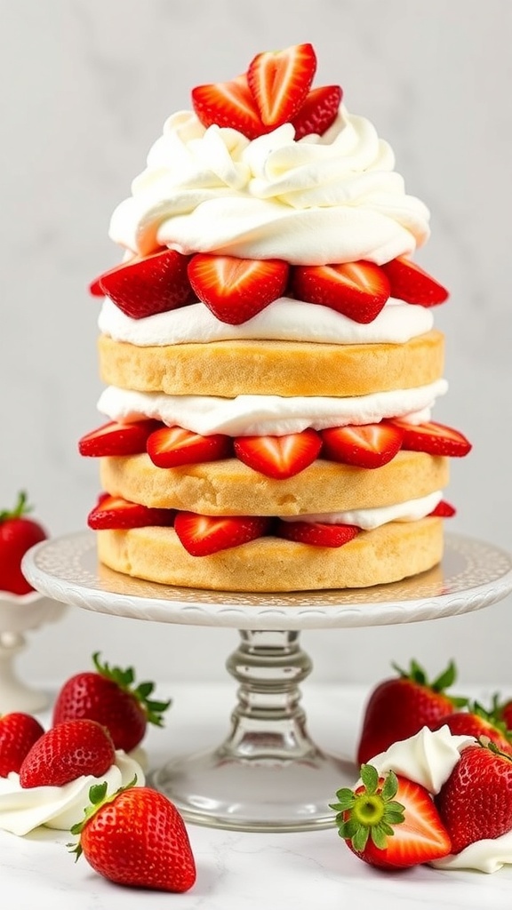 A beautiful low-carb strawberry shortcake topped with whipped cream and fresh strawberries.
